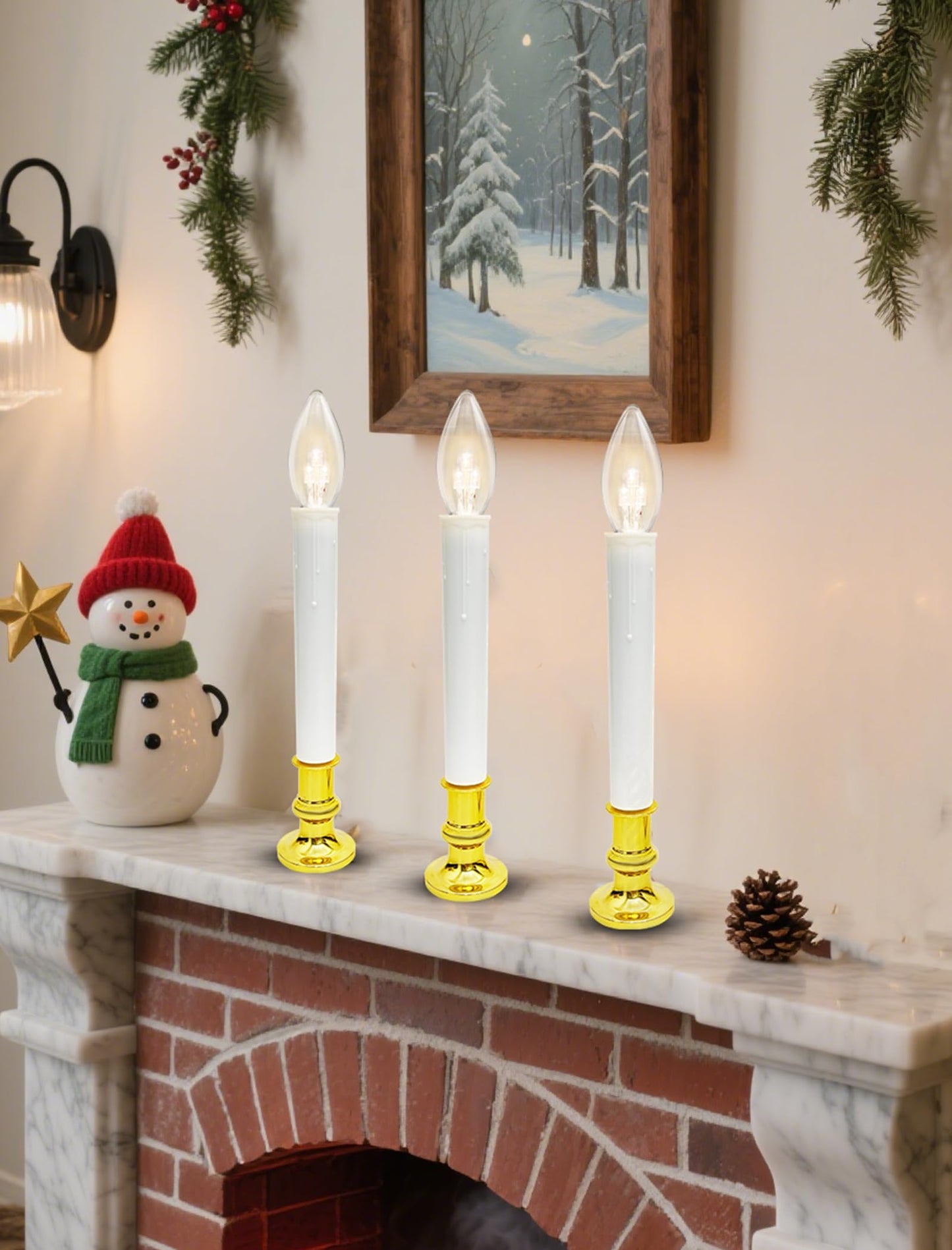 4 Pack Christmas Battery Operated Window Candles with Timer (6-18H), Wireless Window Candle Light with Gold Candlestick Base, C26 LED Bulb Candle Lamp for Home Party Valentines Decor, 4 Suction Cups