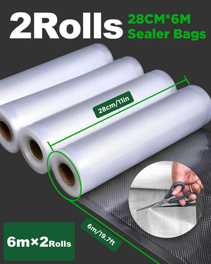 Amxus Vacuum Sealer Bags - Heavy Duty BPA-Free Food Storage | 2 Rolls, 28CM x 6M for Portion Control