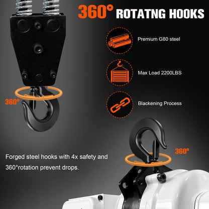 Electric Chain Hoist 2200lbs, 110V Electric Hoist, 10ft Lift Height, Single Phase Overhead Crane with Two 360° Rotatable, DT Grade Carburized Double Chain, for Garage Ceiling, Factories