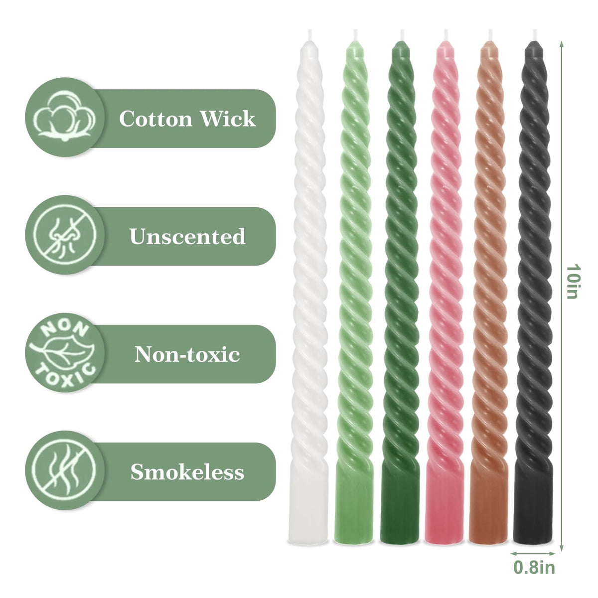 Whaline 12 Pcs 10 Inch Boho Spiral Taper Candles 6 Colors Dripless Twisted Wax Candles Long Unscented Candle Sticks for Home Party Dinner Table Supplies