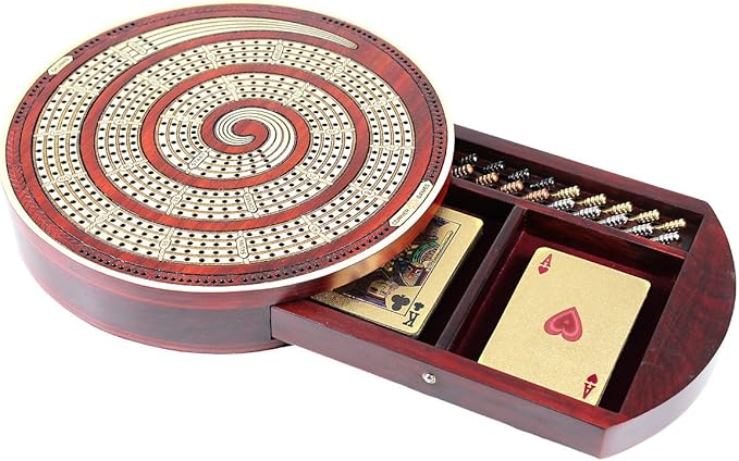 House of Cribbage - Cribbage Board Spiral Design Round Shape 4 Tracks Bloodwood/Maple with Place for Skunks Corners &amp Won Games