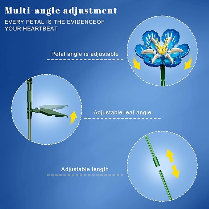 Blue Flower Bouquet Building Set Compatible with Lego Flowers for Adults Artificial Botanical Collection Kit for Valentines Day Mother's Gifts Home Room Desk Shelf Decor