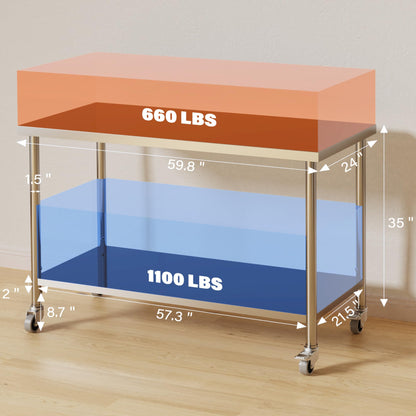 Stainless Steel Table, 60" x 24" Prep Workstation, 1000 LBS, NSF Commercial Work Table with Adjustable Undershelf and Lockable Casters, for Restaurant, Home, Kitchen, Hotel, Outdoor
