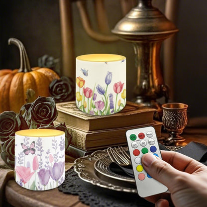 NETILGEN Tulips Flolwer Butterfly 4 Packs Decorative Flameless Candles 3 inch LED Pillar Candles with Remote Timer Control Battery Operated Color Changing Candles