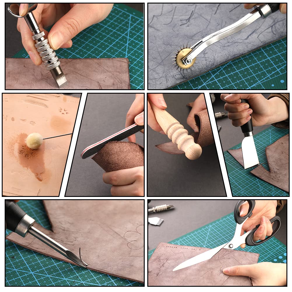 TLKKUE Leather Working Tools Leather Craft Tools for Carving Stamping Sewing Punching Cutting with Custom Custom Storage Bag Professional Tooling Kit for Crafting, Repair & DIY Projects
