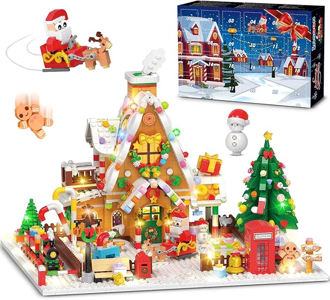 Advent Calendar 2025 Gingerbread House Mini Building Set with Lights 24 Days Christmas Countdown Building Block Kit with Xmas Tree Train Holiday Gift Toy for Adults Teens Girls Boys Ages 10+
