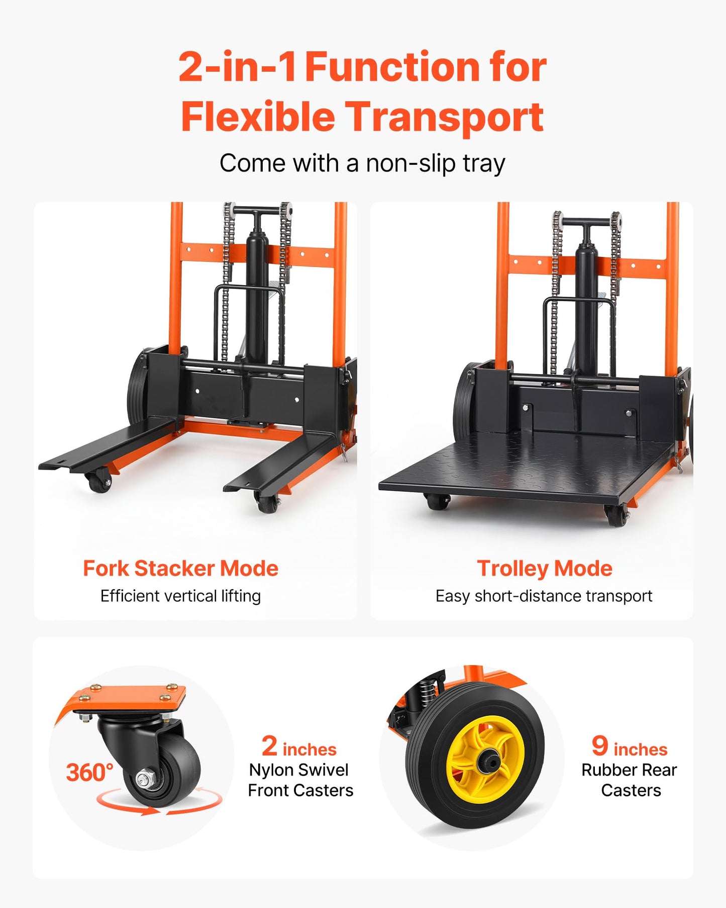 VEVOR Hydraulic Material Lift Winch Stacker, 450 lbs Load Capacity, 35.4'' Max Lifting Height, Pallet Truck Dolly with Fork Lift Table, Foldable & Portable Pallet Jack Table Cart, Orange & Black