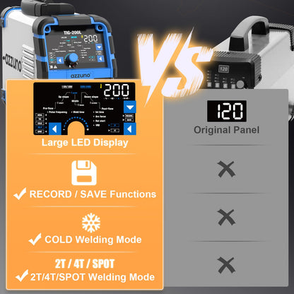 AZZUNO 200A TIG Welder With Pulse Cold, 5-in-1 DC HF TIG/PULSE TIG/COLD/SPOT TIG/STICK, 110V&220V Dual Voltage TIG Welding Machine with Large LED Display