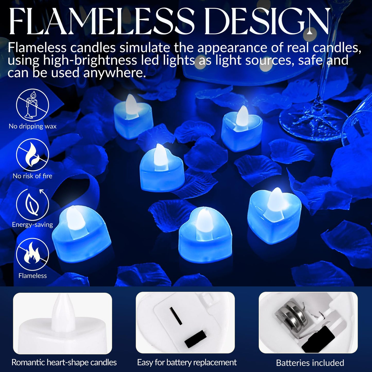 3000Pcs Blue Rose Petals with 36Pcs LED Tea Lights Candles, Romantic Gifts for Her, Special Night, Date Night Ideas, Wedding, Anniversary, Proposal