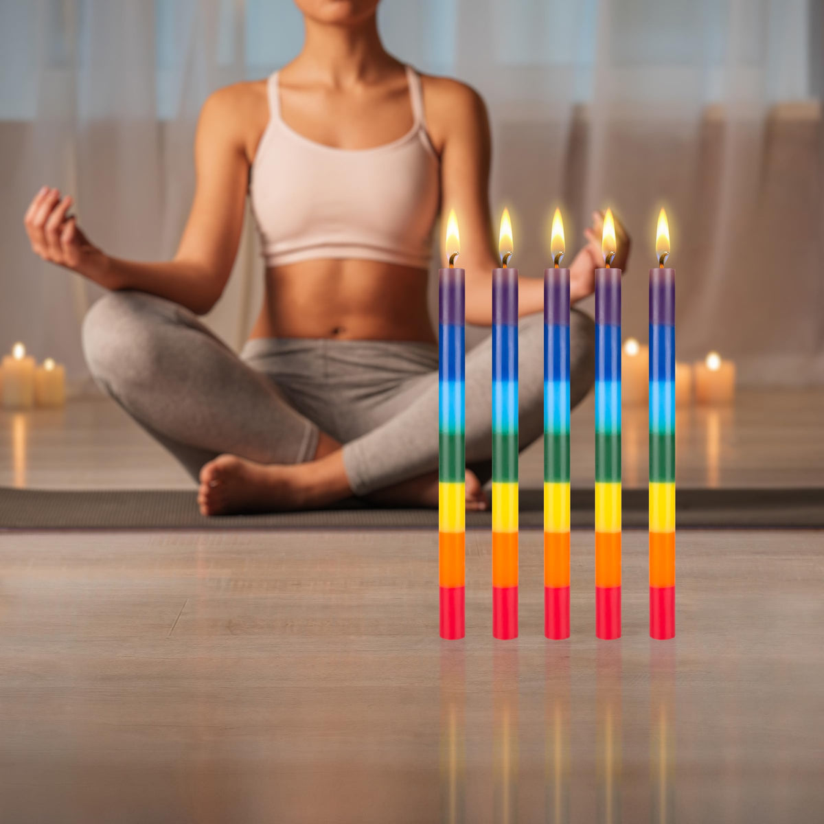 Mega Candles 5 pcs Unscented Multi Color Straight Taper Chakra Candles, Hand Poured Premium Wax Candle 12 Inch x 1 Inch, 100% Cotton Wick, Positive Healing Energy, Meditation, Relaxation, Reiki, Yoga