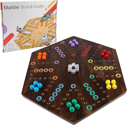 Large Size 20 inches Wood Wahoo Marble Board Game 2 Sided Game 4-6 Player for Friends and Family Party Classic Wahoo Style Strategy Racing Game with 6 Dices30 Marbles (Rustic Brown)