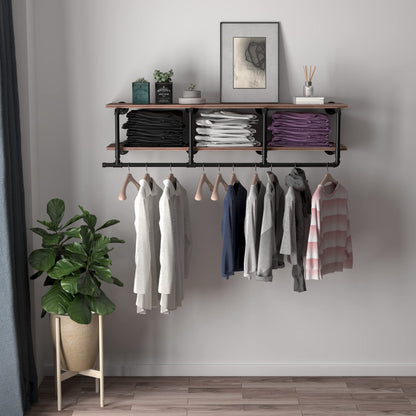 TEDIDUWA 60In Industrial Pipe Clothing Rack with Top Shelf, Space-Saving Wall Mounted Clothes Rack 2 Tiers Pipe Shelves, Shelf with Hanging Rod for Laundry Room, Closet Storage