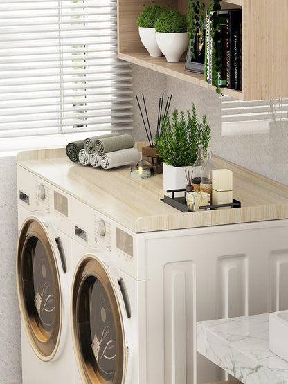 Toemics Washer Dryer Countertop, 27.5" x 54" Laundry Room Organization Shelf with Edge Rails for Washer and Dryer, Durable Melamine Finish, Non-Slip Pads, and 3 Laundry Bags, Oak