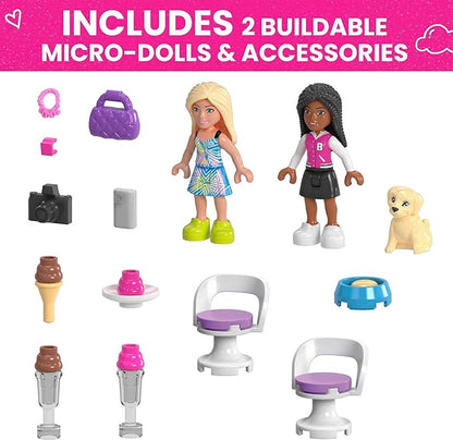 MEGA Barbie Kids Building Toy Set Convertible &amp Ice Cream Stand with 226 Pieces 2 Micro-Dolls and Accessories Pink Ages 6+ Years