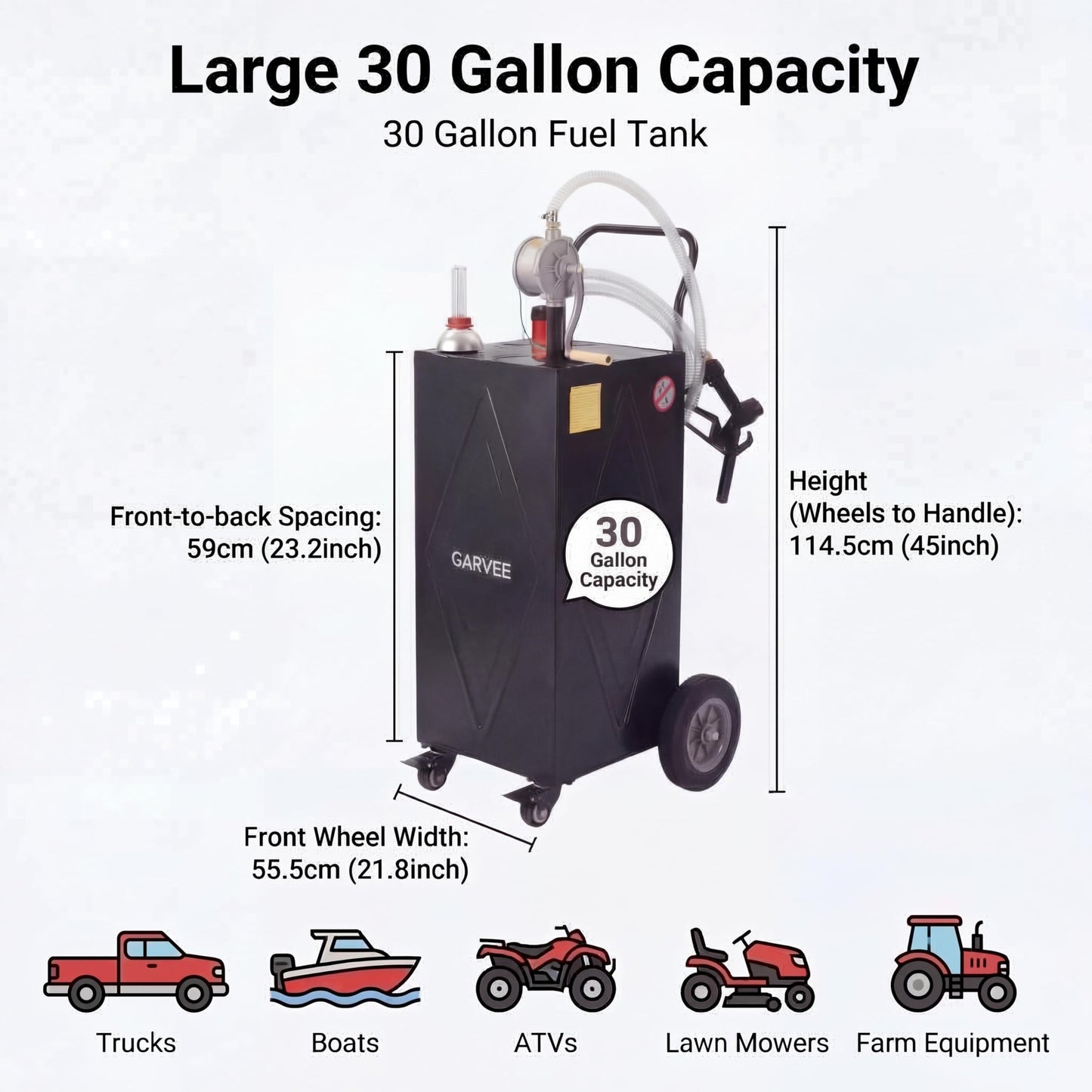 GarveeTech 30 Gallon Fuel Caddy with Manual Pump, Portable Fuel Transfer Tank on Wheels, Heavy Duty Gasoline & Diesel Storage Container for Trucks, Boats, ATVs, Lawn Mowers, Farm Equipment - Black