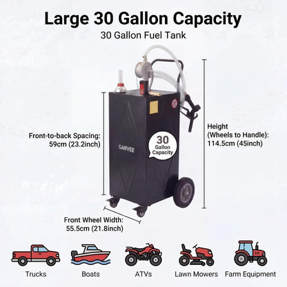 GarveeTech 30 Gallon Fuel Caddy with Manual Pump, Portable Fuel Transfer Tank on Wheels, Heavy Duty Gasoline & Diesel Storage Container for Trucks, Boats, ATVs, Lawn Mowers, Farm Equipment - Black