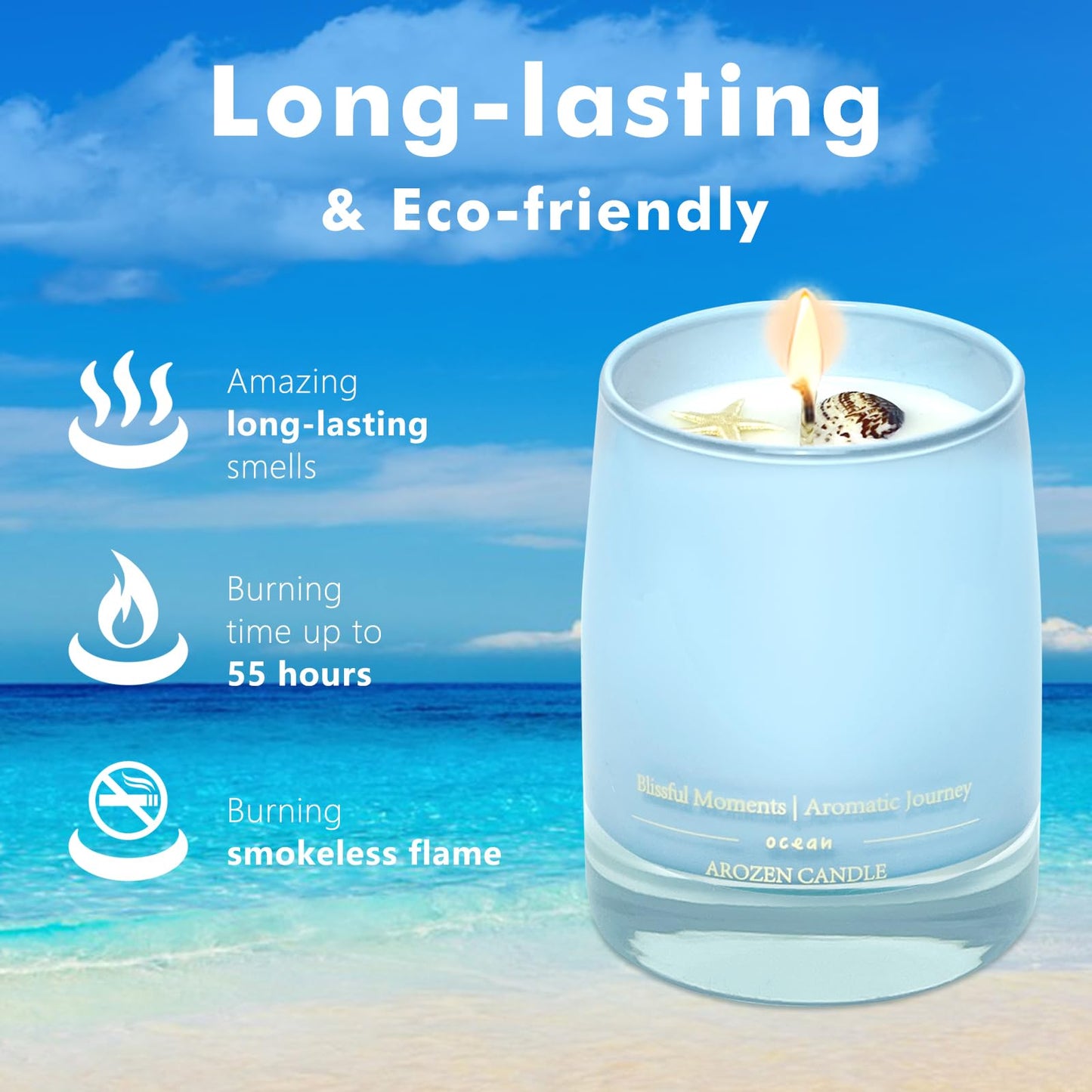 AROZEN Ocean Scented Candles Gift for Women-10oz Aromatherapy Sea Beach Soy Candles for Home Scented with Healing Crystal inside-55H Burn Gifts for Valentine's Day, Birthday, Women, Mother's Day