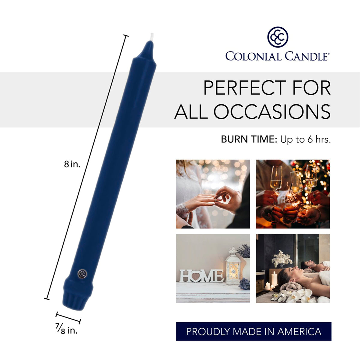 Colonial Candle Unscented Taper Candle, Classic Collection, Indigo, 8 In, Pack of 12 - Up to 6 Hours Burn