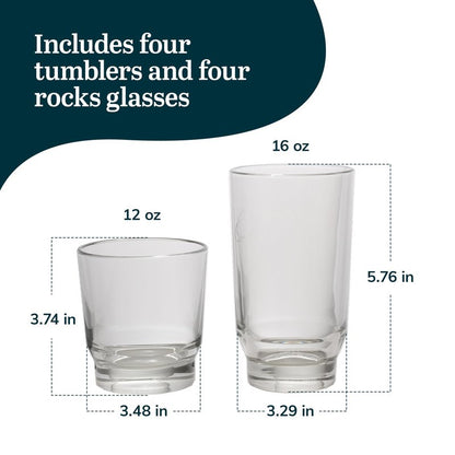 Libbey Merida Mixed Drinkware Set of 8, Merida Cooler Glass Tumblers and Double Old Fashioned Rocks Glass Set, Dishwasher Safe Glassware Drinking Glasses Set