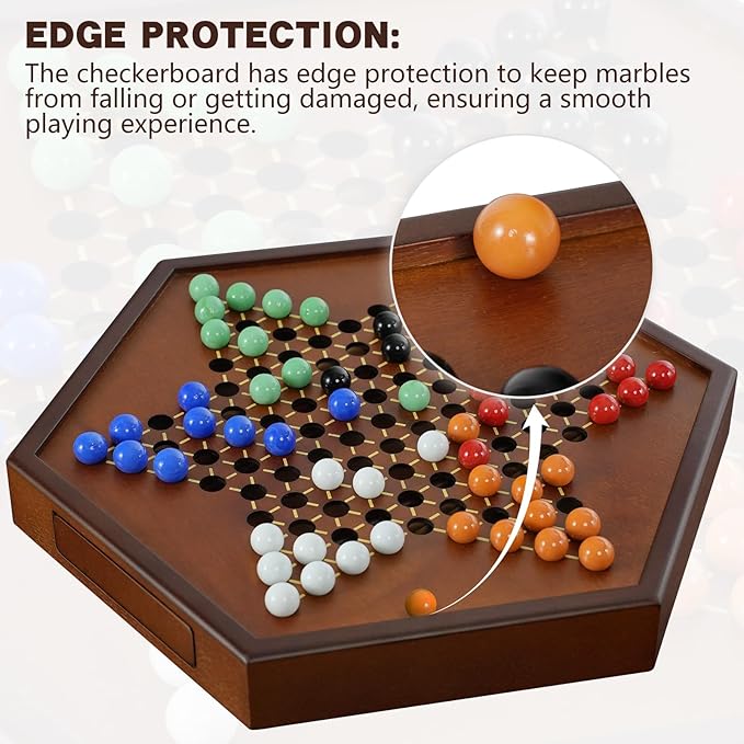 15 Large Upgraded Wooden Chinese Checkers Game Board – Premium 16mm Glass Marbles (60 + 12 Extras) Easy Grip Storage Drawer Ideal Multi-Player Puzzle Game for 2-6 Players