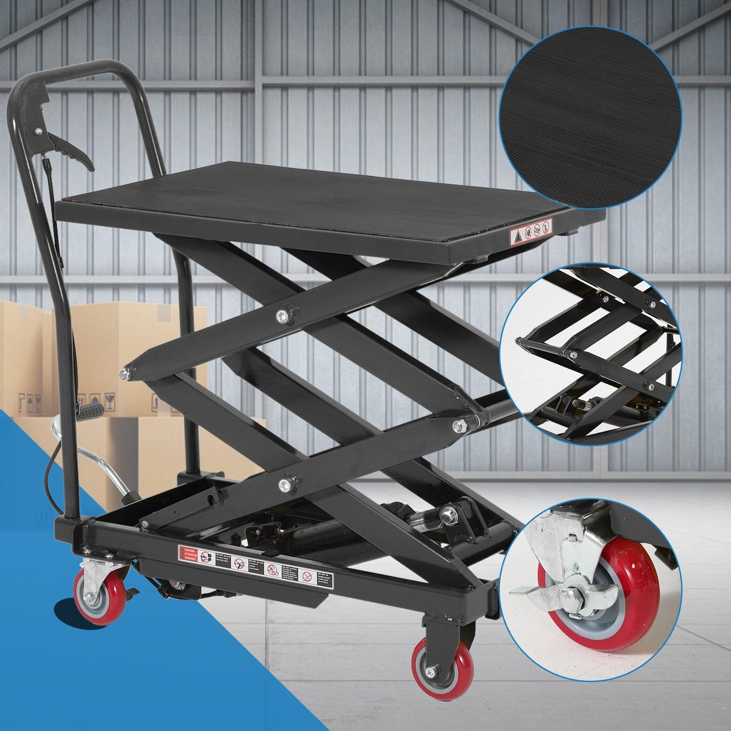 Garvee Heavy Duty Hydraulic Lift Table Cart 330LB Capacity, Double Scissor Lift Table with 50" Lifting Height, Non-Slip Platform & Locking Wheels for Garage, Warehouse, Workshop, Black