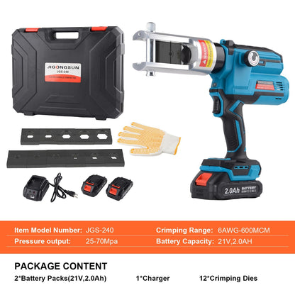 JIGONGSUN Electric Hydraulic Crimping Tool, Battery Cable Crimper Tool, 10 Ton Wire Crimpers Electrical, Rang 6AWG-600MCM and Electrical Wire Lugs Tool 12 Pairs of Dies (JGS-240)