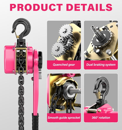 HUGOASIS Lever Chain Hoist 3/4 Ton 1650 Lbs Capacity 10FT Lift 2 Heavy Duty Hooks,Manganese Steel G80 Manganese Steel with Double-Pawl Brake Chain Come Along for Warehouse,Automotive,Garages,Pink