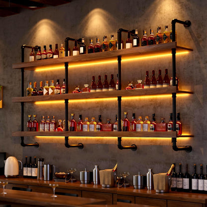 Dawselod Solid Wood Wine Racks Wall Mounted with LED Lights, Metal Wine Bottles Display Shelf, Industrial Floating Lighted Bar Shelves Liquor Rack for Home & Dining Room (120cm/47.2in)