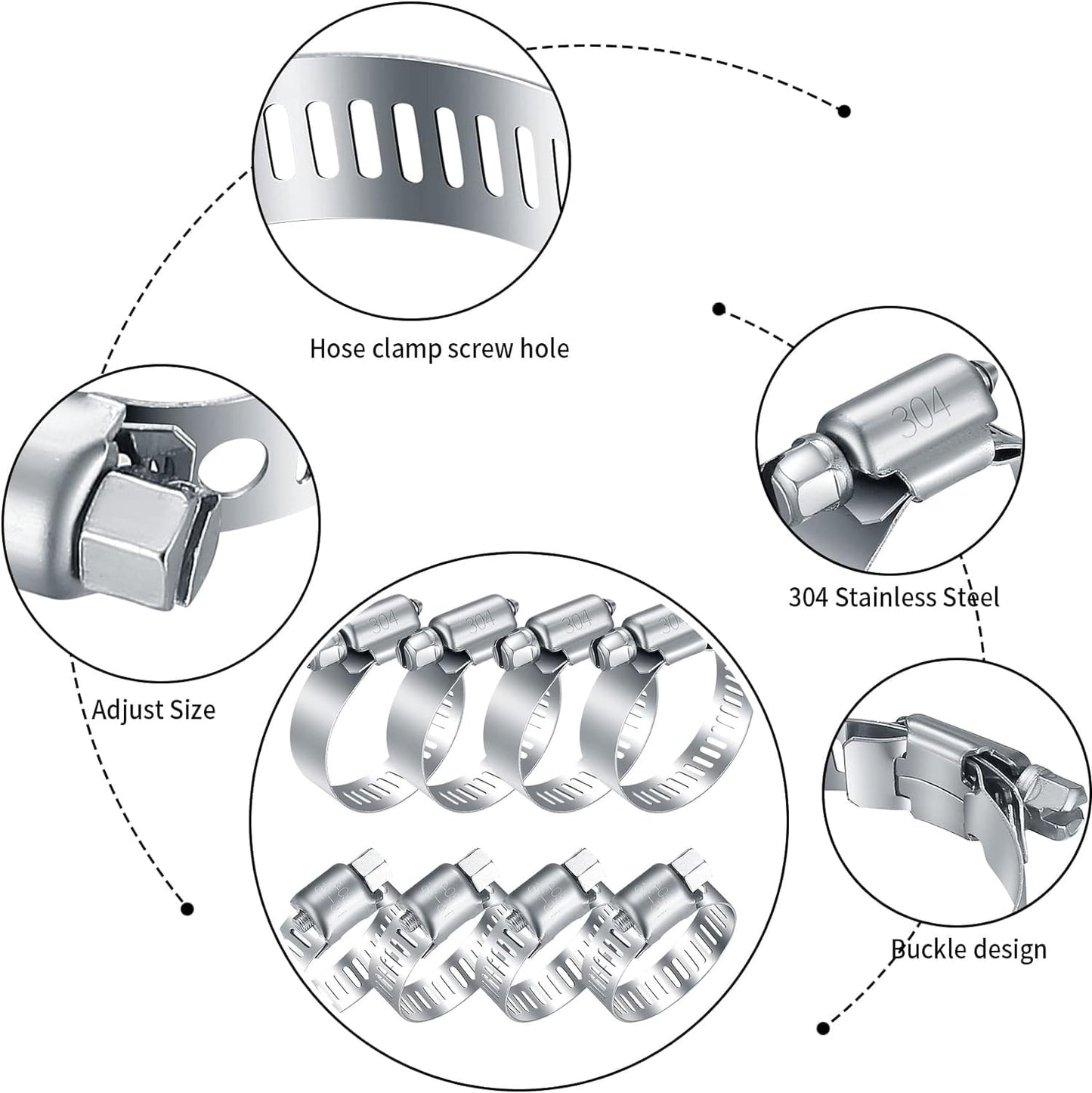 20Pcs Adjustable Stainless Steel Hose Clamps Assortment Kit, 1/4-2 in (6-51mm) Worm Gear Pipe, Fuel LineHeavy Duty for Plumbing, Washing Machine, Mechanical，Garden and Automotive Hose Connections