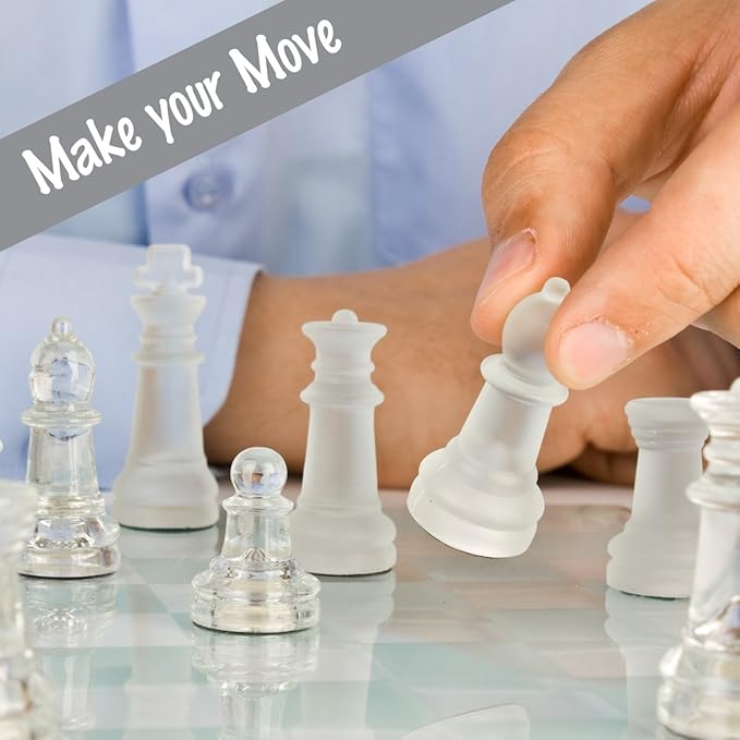Gamie Premium Glass Chess Set 12 Inch - Elegant Design - Durable Build - 32 Frosted and Clear Pieces - Felted Bottoms - Easy to Carry - Stable &amp Fully Functional for Chess Lovers