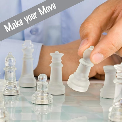 Gamie Premium Glass Chess Set 10 Inch - Elegant Design - Durable Build - 32 Frosted and Clear Pieces - Felted Bottoms - Easy to Carry - Stable &amp Fully Functional for Chess Lovers