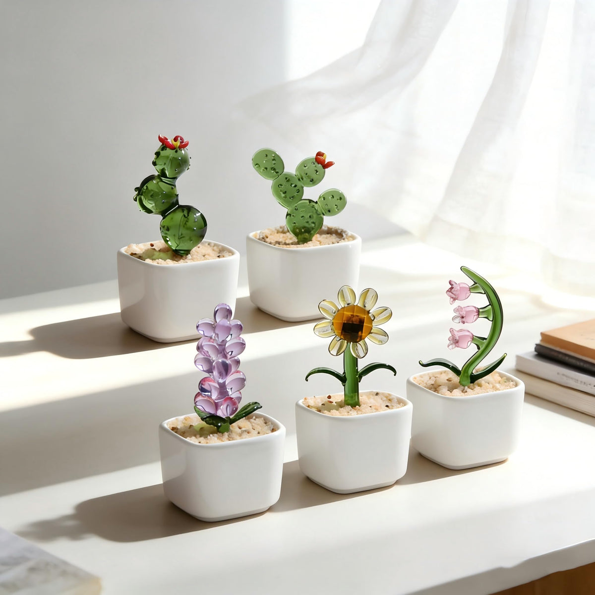 Glass Flowers Fake Cactus Decor,Cute Desk Decor for Women Office,Crystal Flowers in Vase for Desk Trinkets,Handmade Small Gifts for Women & Plant Lover Gifts