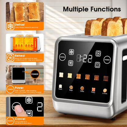Smart 4-Slice Toaster, 75° Touchscreen with Digital Timer & Even-Heat Tech, Extra-Wide Slots for Bagels & Thick Bread, 6 Browning Levels, Defrost/Reheat, Single-Slot Energy Saving