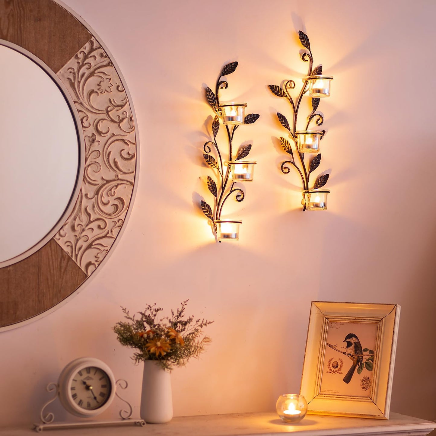 Sziqiqi Wall Sconces Candle Holder - Wall Candle Holder Black Tea Light Candle Sconce Vintage Wall Sconce Set of 2 for Living Room Wall Mount Candle Sconces for Bathroom Dining Room