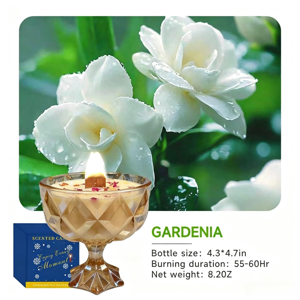 Joo Sko Diamond Bowl Shape Soy Wax Gardenia Scented Candle, Aromatherapy Jar Candles for Home Scented or As a Christmas Holiday Candle Gift for Your Lover(8.2OZ/60Hours Burning)