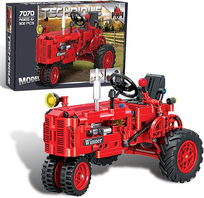 Classic Building Blocks 1/12 Red Tractor Farm Toy Building Set Gift for Kids Ages 6 7 8 9 10 11 12 Includes Shifting Structure Steering Structure Features (Classic Edition)