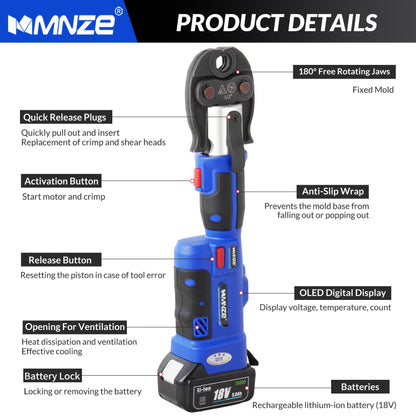 MMNZE Pro Press Tool Kit, Electric Rechargeable Copper Stainless Steel Tube Pipe Fitting Crimping Tool with 1/2" 3/4" 1" Pro Press Jaws and 2 Batteries, 3T 1" Stroke, LS-1525