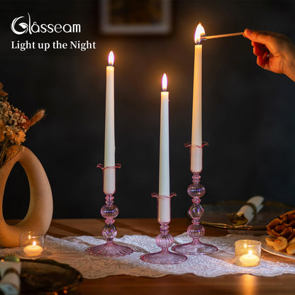 Glasseam Tapered Candlestick Holders Pink: Set of 3 Glass Candle Sticks Holder Decor with Bobeche Modern Ribbed Taper Candle Holders for Table Centerpiece Valentines Wedding Home Decorations