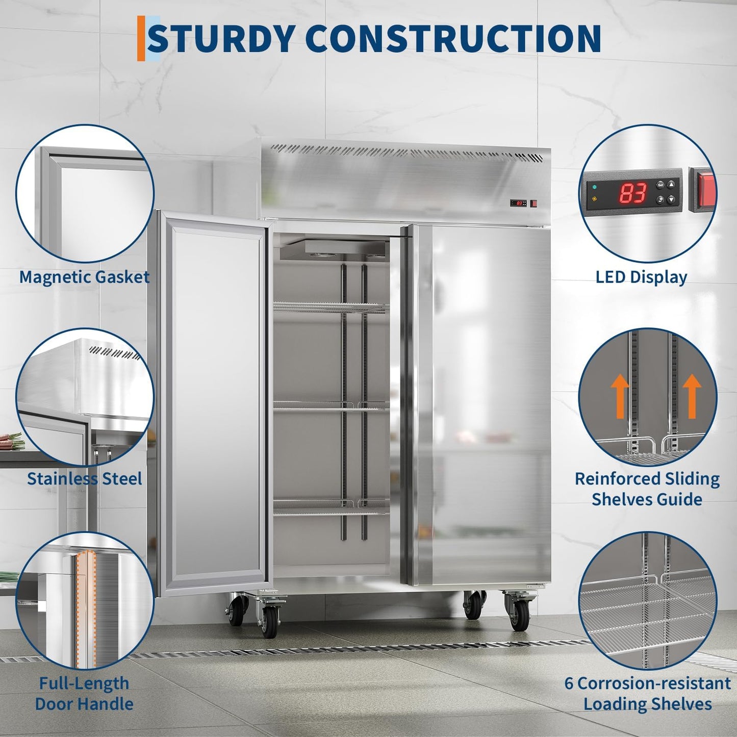 48-Inch Commercial Upright Freezer, 36 Cu. Ft. Stainless Steel Reach-In Deep Freezer with 2 Solid Doors, Digital Temp Control (-8°F to 0°F), Auto Defrost & 6 Shelves for Restaurant, Cafe & Kitchen