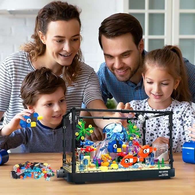 HOGOKIDS Fish Tank Building Set with LED Light - Movable Aquarium Building Toys for Adults Kids | 725PCS Creative Aquarium Toy with Jellyfish Fish Animal Educational Gift for Boys Girls Age 8-14