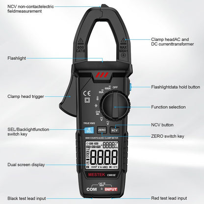 MESTEK Digital Clamp Meter Multimeter, TRMS 6000 Counts 600A Current Amp Volt Meter, Auto-Ranging Voltage Tester Measures AC DC Current Voltage Resistance Capacitance Temperature Diodes Continuity NCV