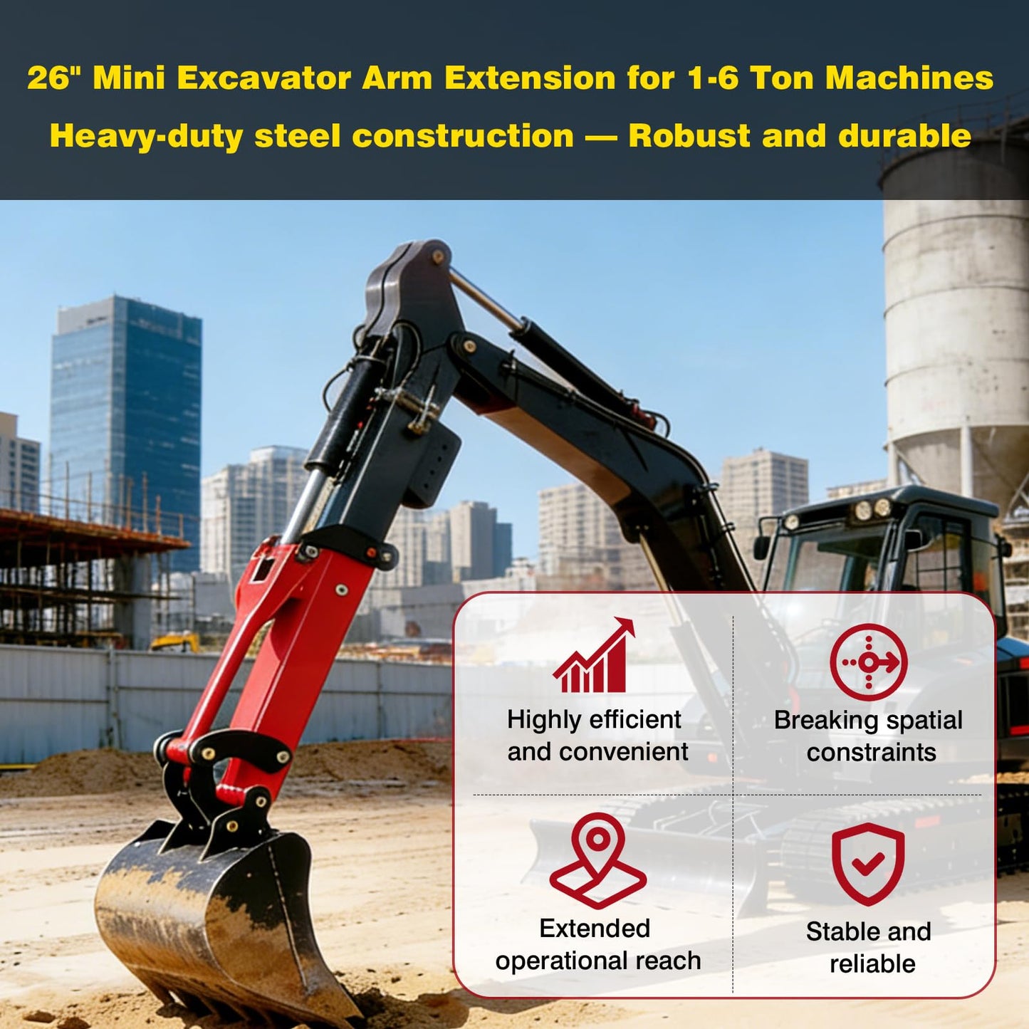 26" Mini Excavator Arm Extension - Heavy-Duty Steel Quick Attach Boom, Fits 1-6 Ton Machines, Extended Reach for Ditch Digging & Trenching, Mini Excavator Accessories