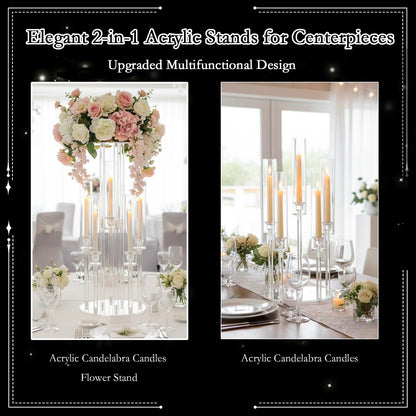 4PCS Acrylic Candelabra Centerpieces for Tables,2-in-1 Clear 5 Arm Candelabras &Flower Stand for Wedding Centerpieces,Acrylic Centerpieces Stand for Birthday Party Event Decor Fit LED Candle