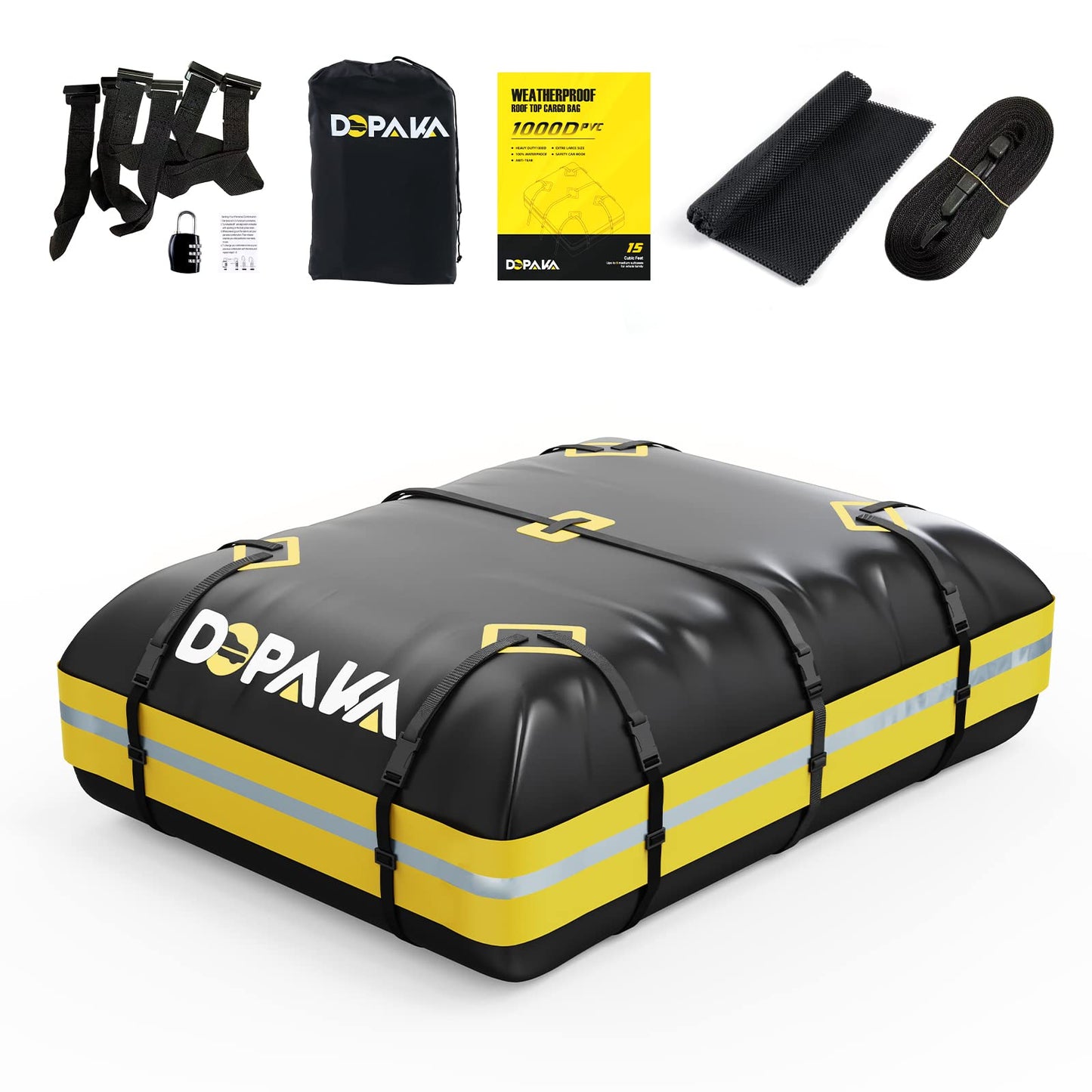 Car Rooftop Cargo Carrier Bag,100% Waterproof Heavy Duty 1000D Car Top Carrier,15 Cubic Feet Car Roof Bag for All Vehicle with/Without Rack,Anti-Tear Anti-Slip Mat, Luggage Lock,6 Door Hooks