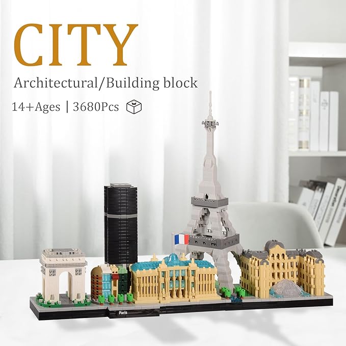 Paris Skyline Architecture Micro Building Blocks Set with Eiffel Tower and The Louvre for Adults Unique Collectible Model Present for Ages of 14+ 3680PCS