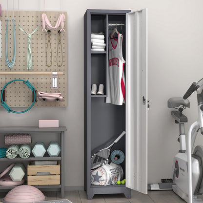 GREATMEET Slim Locking Metal Garage Storage Cabinet, 65" Lockable Utility Closet, Tall Steel Narrow Broom Closet Storage Cabinets with Door and Shelves for Laundry Room, Bathroom, White & Grey
