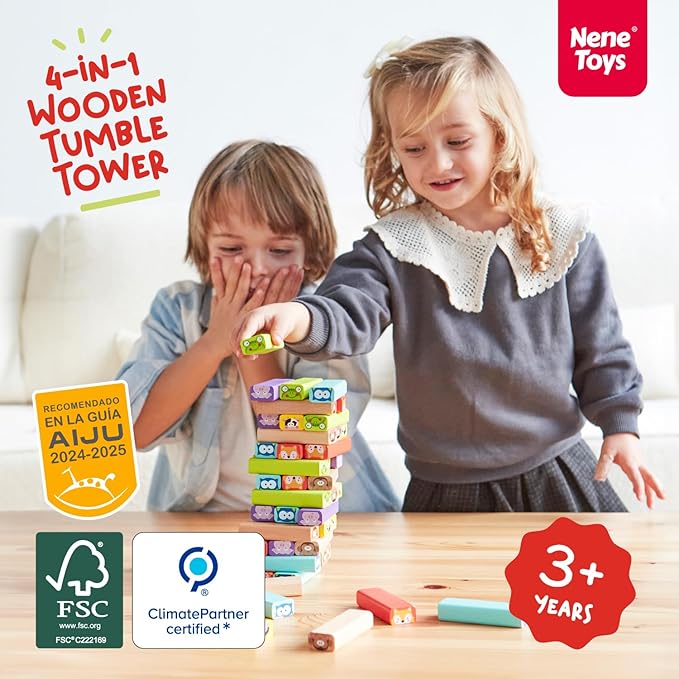 Nene Toys Wooden Tumble Tower Game with Animals &amp Colors 4-in-1 Educational Family Board Game for Kids Ages 3-9 Creativity &amp Cognitive Skills Booster - Gift for Boys Girls 3+ Years