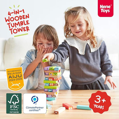 Nene Toys Wooden Tumble Tower Game with Animals &amp Colors 4-in-1 Educational Family Board Game for Kids Ages 3-9 Creativity &amp Cognitive Skills Booster - Gift for Boys Girls 3+ Years