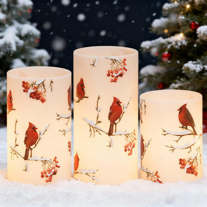 Lasumora Cardinal Theme Christmas Flameless Candles with 6H Timer, Real Wax LED Pillar Candles Flickering, Battery Operated Waxy Candles for Home Fireplace Christmas Décor, 3x4/5/6 inches