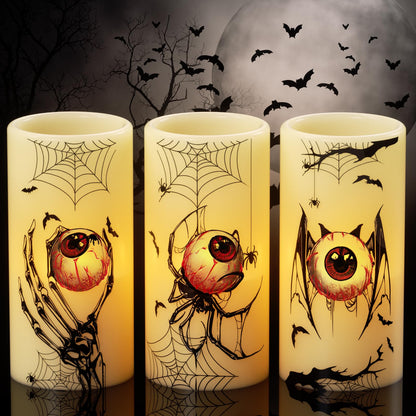 DRomance Halloween Flameless Flickering Candles Battery Operated with Timer, 3 Pack Real Wax LED Pillar Candles Spooky Bloody Eyes Spider Decals Dinner Halloween Decorations Indoor(3" D x 6" H)
